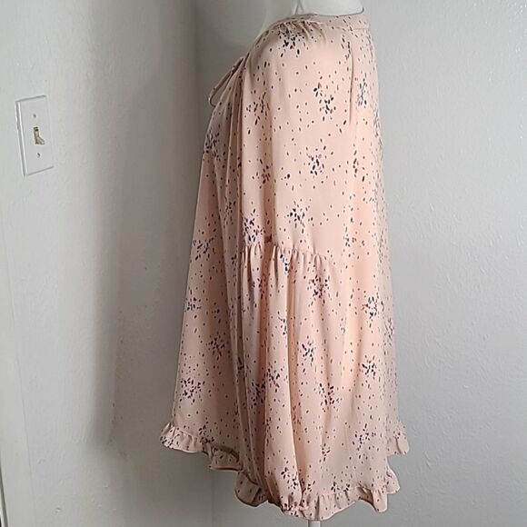 a.n.a. Light Pink Blouse, Splashes of Navy, Lace-up Neckline/Ruffles, Sz Large - Picture 8 of 11